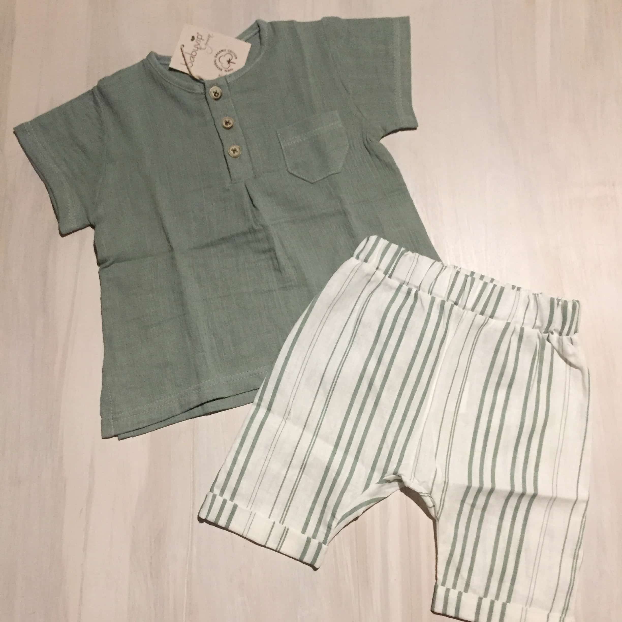 t-shirt-bimbo-pantaloncini-completino-verde-salvia-righe-cotone-organico