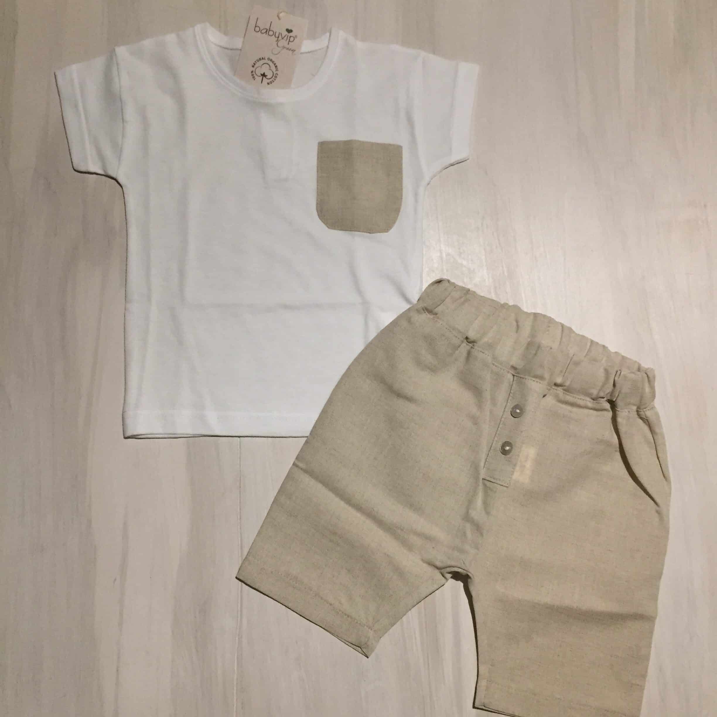 completino-bimbo-maglietta-taschino-lino-pantaloncini-beige